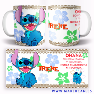 Taza personalizada con diseño de Stitch y la frase "Ohana significa familia", con opción de añadir nombre