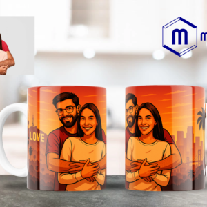 Taza personalizada con ilustración estilo GTA de una pareja abrazada, con fondo urbano