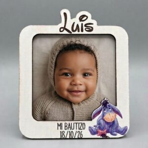 Imán de bautizo personalizado con foto de bebé y nombre