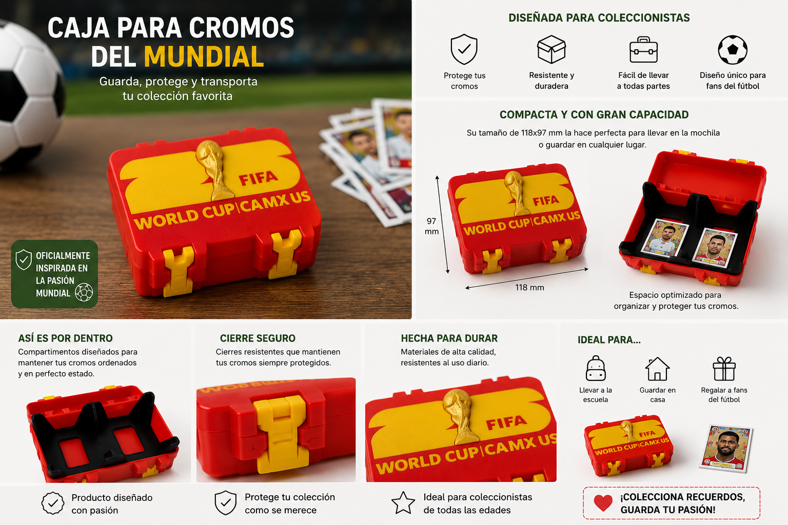 Caja mundial Caja para cromos del Mundial de fútbol roja y amarilla sobre mesa de madera